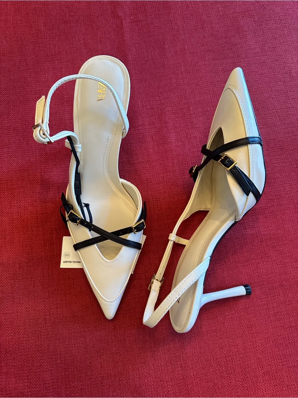 Zara Cream and Black Pointed Slingback Pumps with Buckle Strap NWT 7.5